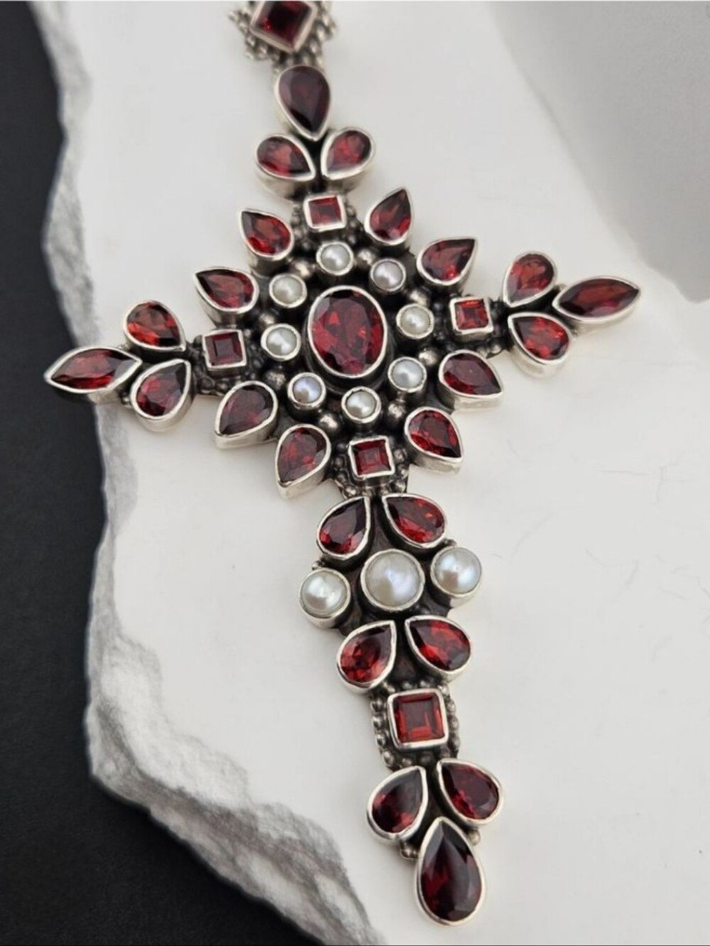 Nicky Butler 925 Sterling Silver Designer Cross Pendant NB Garnet Pearl Vintage